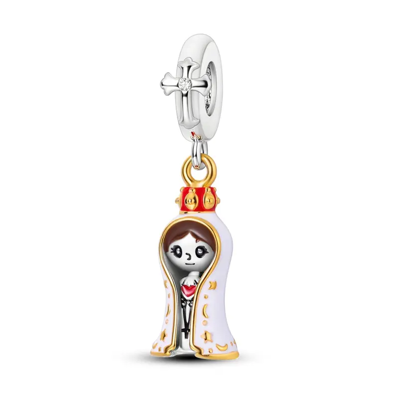 MULA 925 Silver-Plated Virgin Mary Charm for Pandora Bracelet - 4.5mm Hole Female Amulet-Inspired Charms & Pendants, Basic Celestial Aesthetic Enamel Dangle Bead with Holy Cross, Sacred Heart, Cubic Zirconia, Bail, Catholic Baptism/Confirmation Gift, Hand