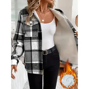 Women’s casual plaid hooded jacket with fleece lining, woven polyester fabric, shirt-style button details, all-season warmth, lightweight outerwear coat, fitted black long-sleeve top