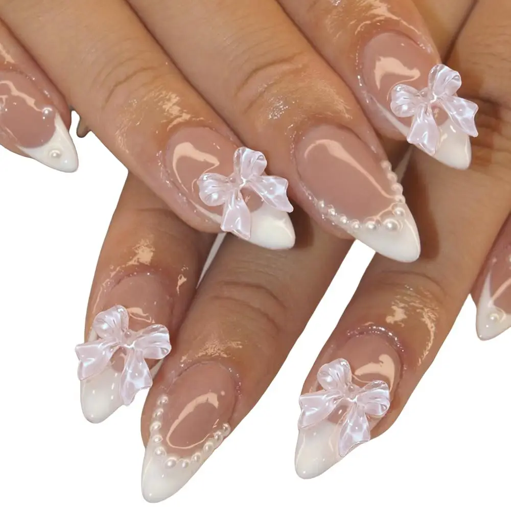 Bow & Faux Pearl Decor French Style Fake Nail, 24pcs Fashion Colorblock Almond Press on Nails & 1 Sheet Tape & 1 Count Nail File & 1 Count Stick for