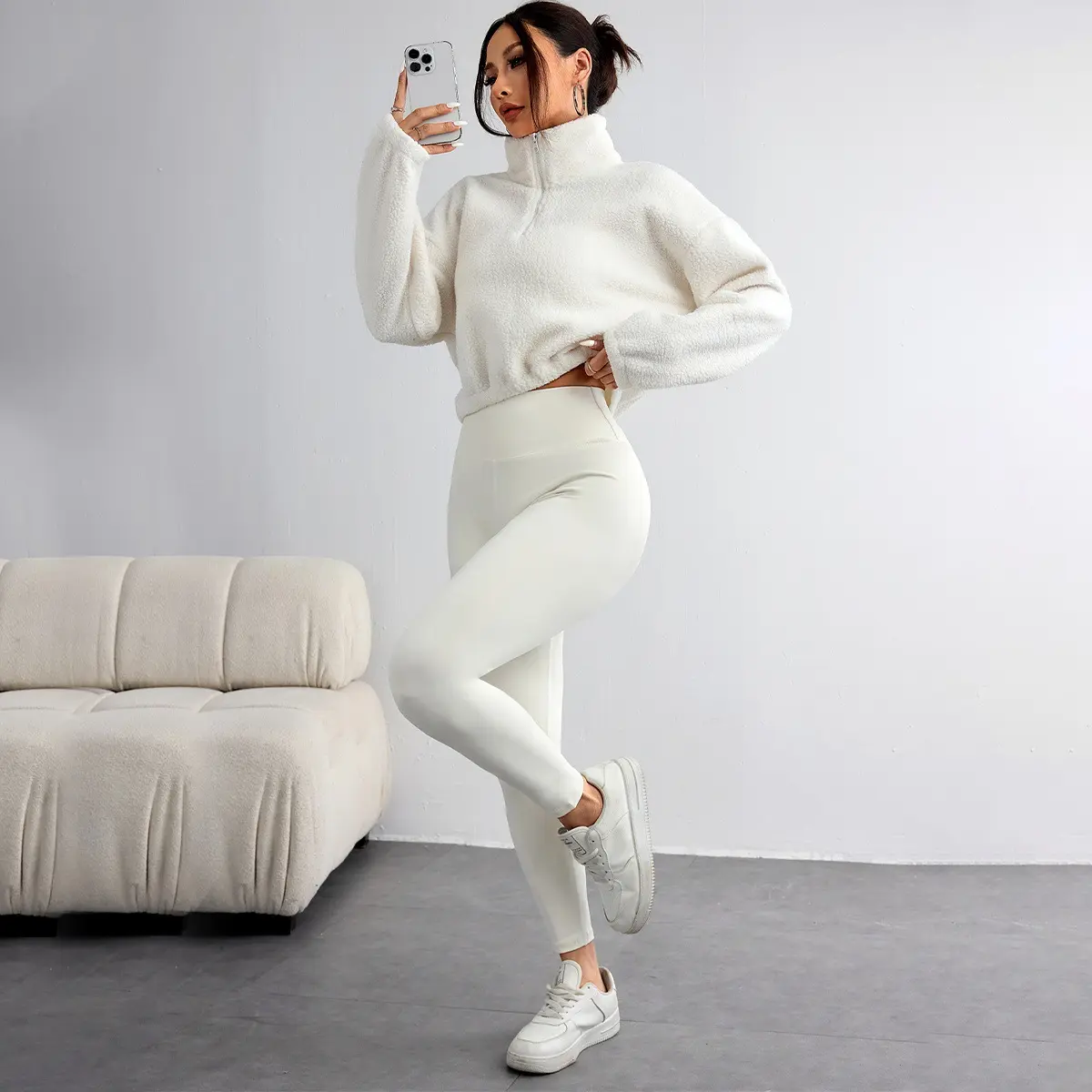 Women's 3-Piece Solid Color Thermal Activewear Set - Fleece-Lined Long Sleeve Full Length Top Artificial Wool Loungewear for Fitness, Running, Sporty Chic, Cozy Top + Shirt