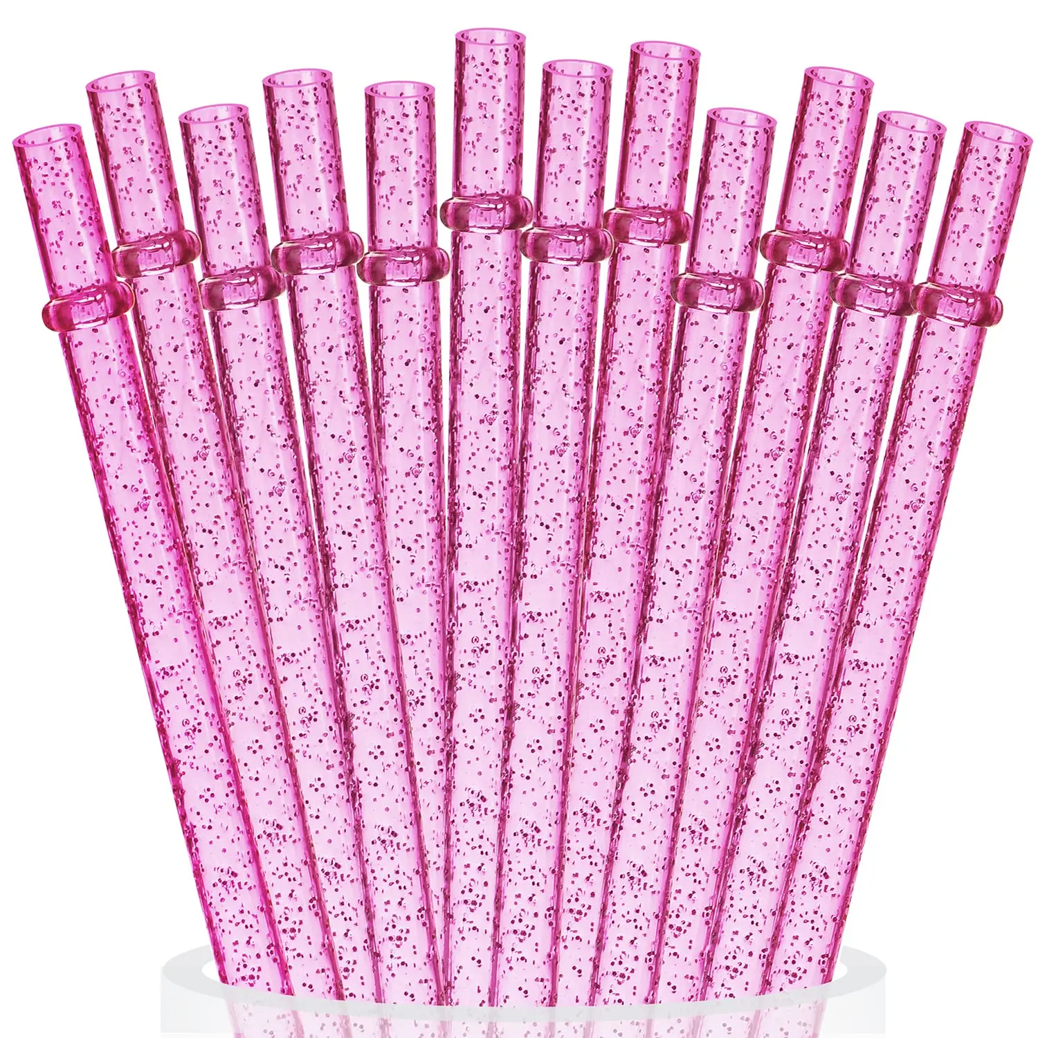 12pcs Reusable Clear Pink Glitter Straws  11" Long Hard Plastic Tumbler Drinking With Cleaning Brush