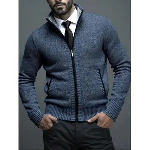 Men's knitted cardigan jacket, casual stand up zipper jacket, soft polyester, office and bicycle jacket, long sleeved fitted sweater, knitted fabricRAIMENTRY