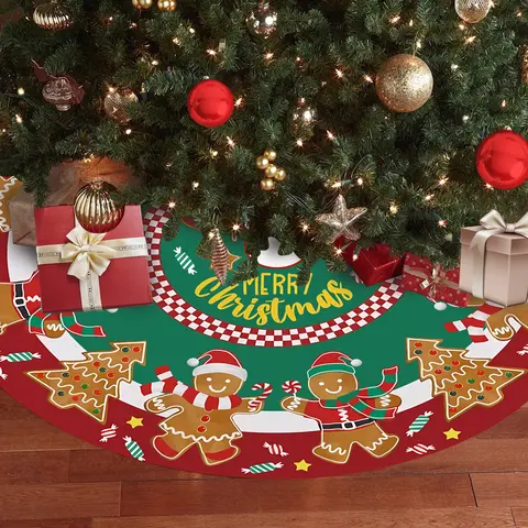 JOOCAR 48in Round Traditional Polyester Christmas Tree Skirt - Circle Design with Lace-Up Gingerbread Man Candy, Red & Green Ornaments, Gingerbread Christmas Decor for 6'-8' Trees, Indoor Holiday Prop, School-Compatible New Year Gift