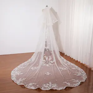 Double layers bridal mantilla veil, Cathedral wedding veil flower lace embroidery, Ivory wedding veil, Veil for wedding dress, Handmade tulle veil