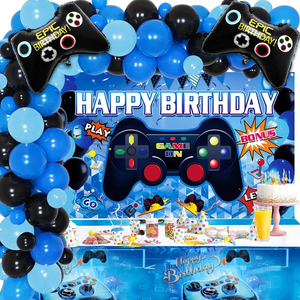 Gamer Video Game Birthday Party Decor Set - Happy Birthday Backdrop, Gaming Table Covers, Colorful Arched Blue Black Latex Balloons, Party Supplies for Boys