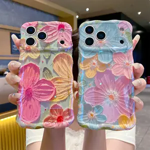 Case for iPhone 17 16 15 14 13 12 11 Pro Max, Colorful Retro Oil Painting Flower Pattern Laser Glossy Cute Curly Wave Edge Phone Cover for Women Girls