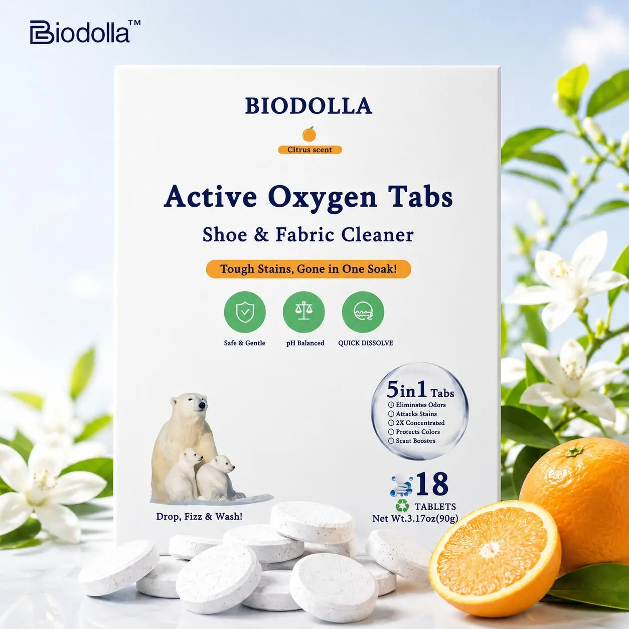 【Summervibes】Biodolla 5-in-1 Active Oxygen Cleaning Tablets - Household Cleaner, Clothing Stain Eliminator, Multi Purpose Deep Cleaning Tablets for Fabrics & Shoes, Citrus Scent (18-pack)
