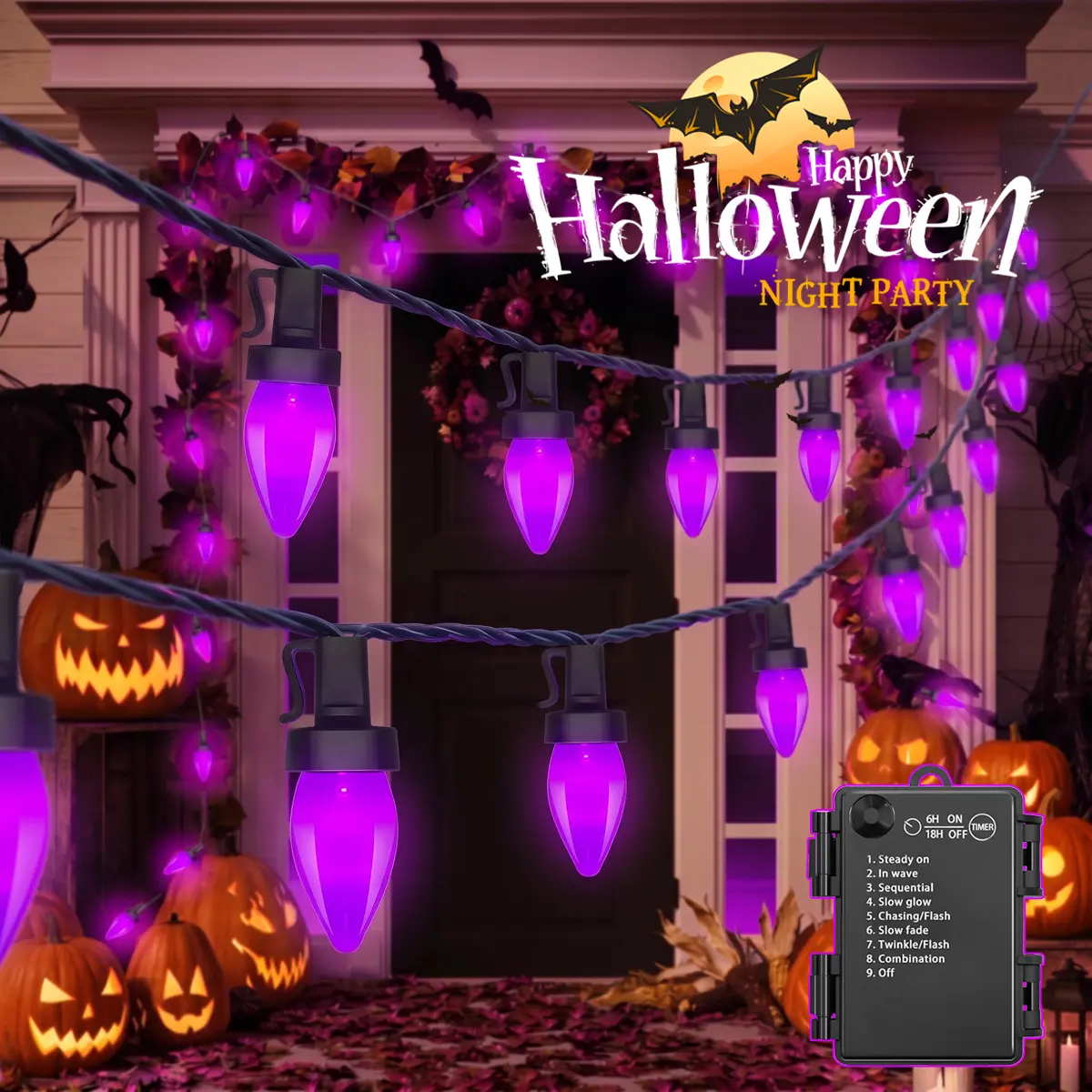 19.6FT C7 Purple LED Halloween String Lights Waterproof Outdoor Shatterproof Connectable Vibrant Glow Vintage Plug in Black Wire for Porch Railing Garden Balcony Holiday