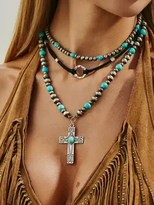 Boho Imitation Turquoise Acrylic Cross Pendant Necklace Set, Ethnic Style Jewelry for All Seasons, Casual Fashion Accessory, Layered Acrylic Necklace