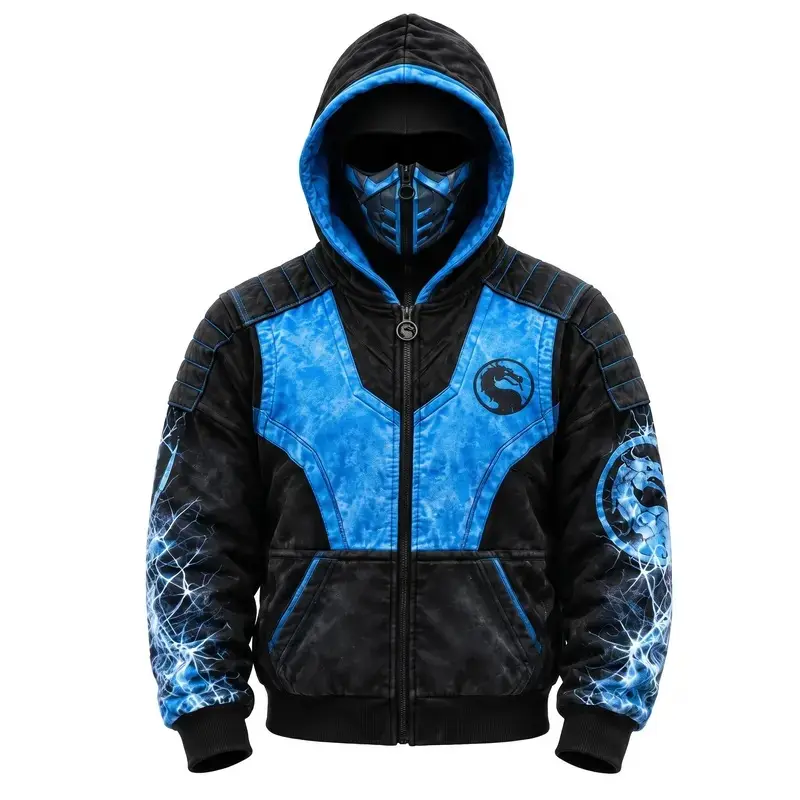 M0rtal K0mbat Sub-Zero Mens Zip-Up Hoodie, Lin Kuei Guild Built-In Face Mask Jacket, Blue Black Ninja Armor All-Over Print Hooded Sweatshirt, Cosplay Gamer Gift