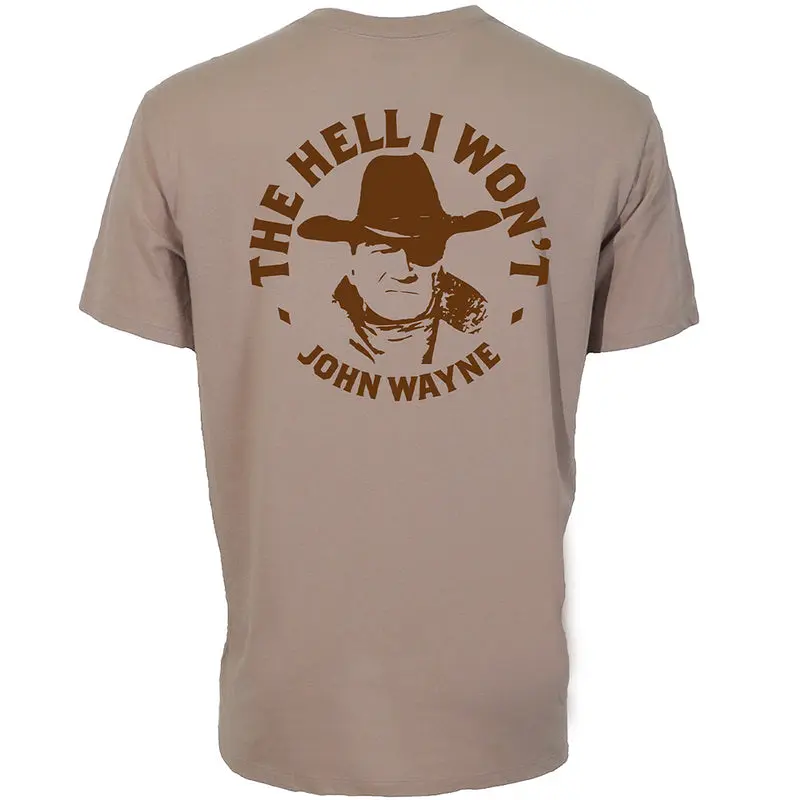 Men's John Wayne Graphic Pocket T-Shirt, Short-Sleeve Cotton-Polyester Blend Menswear Top, Light Brown, Shortsleeve, Clothes, Tee, Tshirt, Pockets, 50% Cotton/50% Polyester, Round Neck, Casual, Hooey John Wayne