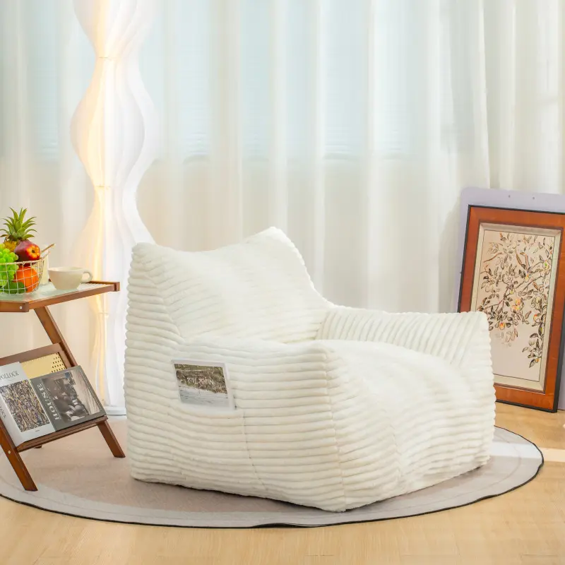Large Size Pre-Assembled Beige Corduroy Bean Bag Chair - Ergonomic Wide, Stable Single-Seat Lazy Sofa Chair with Fixed Arms, Modern Beanbag Lounger for Adults, Teens, Living Room, Bedroom