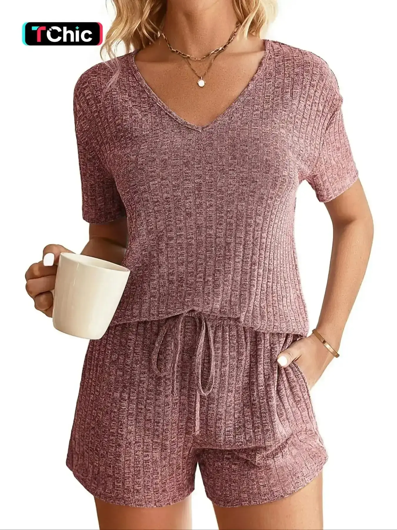 Women's Solid Ribbed Tee & Drawstring Waist Shorts Loungewear Two-Piece Set, Basic Casual Comfy V Neck Short Sleeve T-Shirt & Pocket Shorts Lounge Set, Ladies Loungewear for All Seasons, Pajama Set