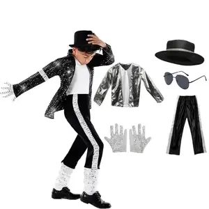 Kids Boy  Billie Jean Cosplay Black Suit Dance Disco Halloween Fancy Dress Up 80s Pop King Costume for Top Pants