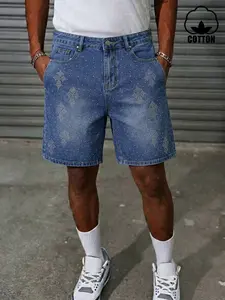 Men's Loose Fit Denim Shorts, Washed Denim with Rhinestone Cross Pattern, Casual Street Style, Breathable Cotton Blend, Summer Wear