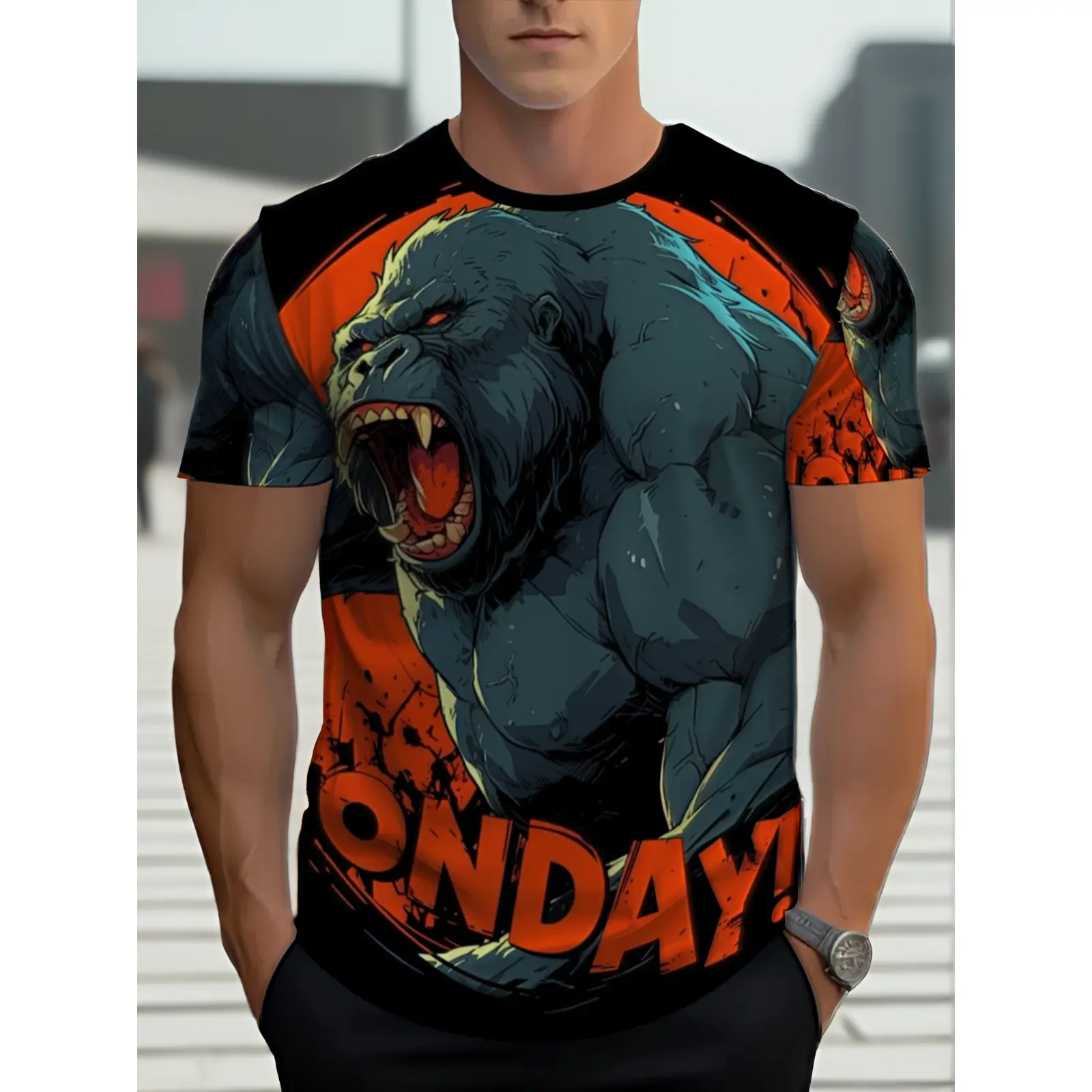 Mens Full-Body Gorilla Print T-Shirt- Short-sleeved Casual Crew Neck Shirt Featuring a Gorilla Design, Lightweight and Durable, Suitable for Home and Restaurant Wear, Machine Washable, Available in Black and Orange Colors, PLUS SIZE