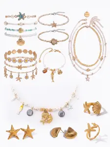 20-Pcs Women's Fashion Layered Stainless Steel & Alloy Jewelry Set — Featuring Layering Necklaces, Bracelets, Shell & Starfish Rings, Stud Earrings, and Pearl Accents  A Perfect Choice for Beach Vacations outdoorfun