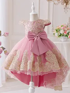 Big Bow Kids Clothes Sequins Embroidered Pink Flower Girl Ball Gown Pageant Children Elegant Performance Princess Prom Host Formal Evening Party Cocktail Trailing Tulle Overlay Princess Seraphina Dress for all Season 4 to 8 Years