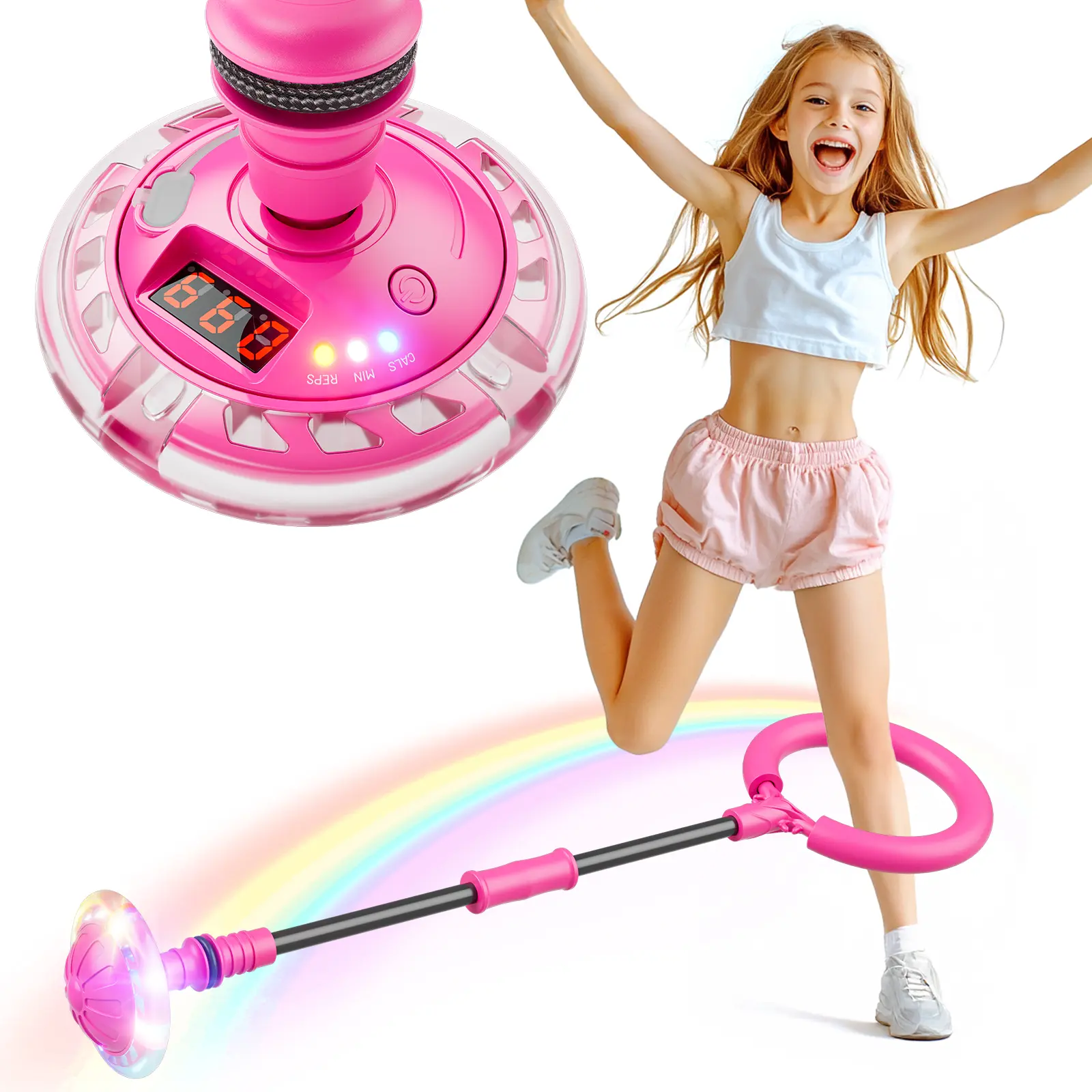 Unisex 3-in-1 Sports Skip Ball for Kids, LED Display Counter Timer, Cardio Play Helps Burn Calories, Rechargeable Colorful Flash Wheel, EVA Handle Ankle Jump Toy for Ages 6-10, Indoor Outdoor Gift