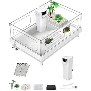 Small Turtle Tank with Filter, Turtle Aquarium,  Turtle Terrarium with Basking Platform, Bottom Drainage, Multi-Function Areas for Turtles, Crayfish, Small Reptiles.(Tank+Filter)
