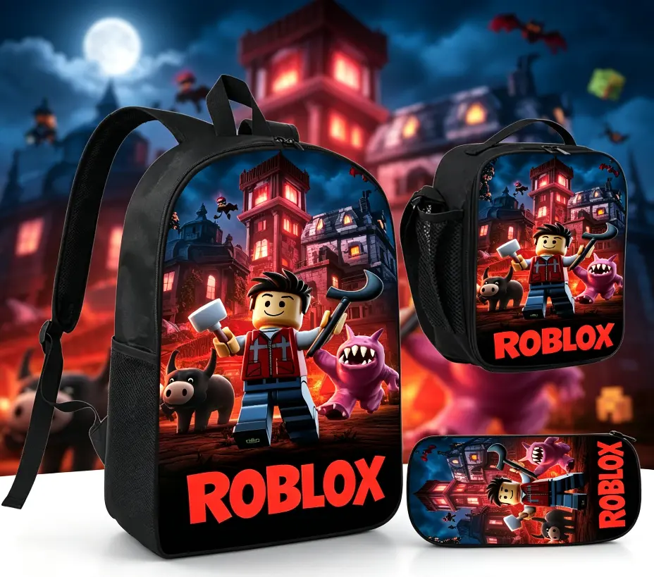 Roblox Inspired 3-Piece Pattern Backpack Set - Water-Resistant Bagbackpack, Large Cap. Set Pack with Insulated Lunch Box, Pencil Case for Elementary School Students