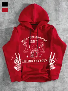 Fall outfits,Hoodie Sweatshirt with Skull & Hand Graphics, Preppy Style Halloween, Trendy Casual Wear for Fall Season Events