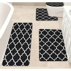 4pcs Bathroom Anti-Slip Mats Featuring a Black And White Geometric Pattern, Designed to Prevent Slipping. This Bathroom Carpet Set Includes a Bath Mat And a Contour Mat