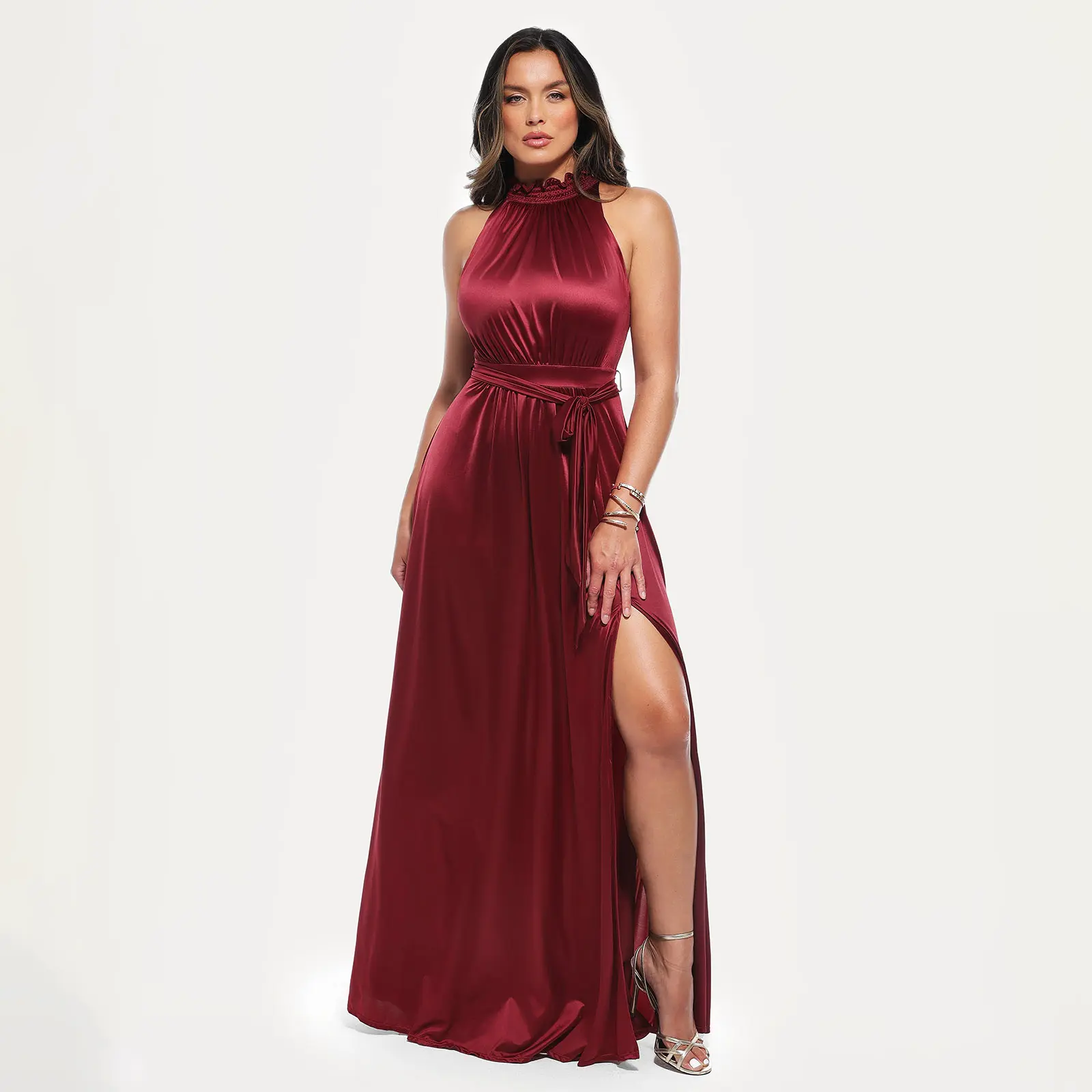 Popilush Women's Sculpting Satin Maxi Dress with Tummy Control Elegant High Neck Slit Dress Floral Formal Breathable Elastic-Creator Live