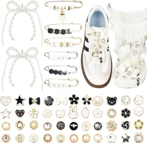 48 Pcs Bling Pearl & Rhinestone Shoe Charms with Bow Buttons, Safety Pins and Lobster Clasps, Rhinestone Shoe Decoration for Sneakers, Socks and Laces, Bridal Footwear & Sock Decor, DIY Gift