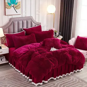 Luxury Long Faux Fur 3 Bedding Set Shaggy Comforter Duvet Cover with Pillow Shams Ultra Soft Crystal Velvet Reverse (Queen, Burgundy)