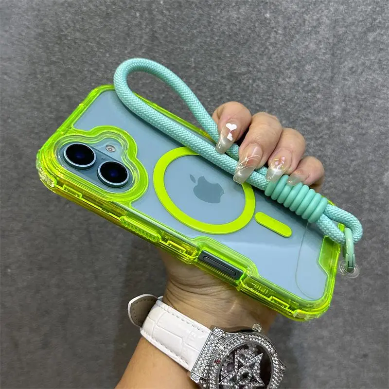 MagSafe Magnetic Transparent Wrist Strap Candy Armor Bumper Case for iPhone 16 Pro Max,15,14 Plus,13,12,11 - Shockproof Protection for Smartphone,Cellphone,Handheld Devices, Casing