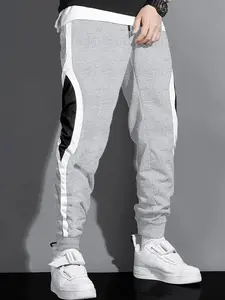 Men's Colorblock Patchwork Casual Fitted Sweatpants, Autumn Winter Thickened Warm Long Pants Trousers, Elastic Drawstring Waist, 2 Side Pockets Design, Casual Street Trousers