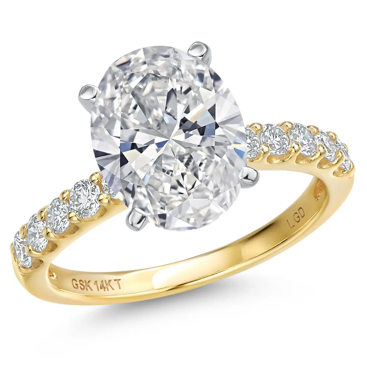 Gem Stone King Women's Elegant Engagement Ring - IGI Certified Lab Grown Oval Cut Center 1.5ct, 1.38 to 5.38 Cttw, 14K 2-Tone White & Yellow Gold Band, D-E Color, VS1-VS2 Cl., Prong Setting, 2mm Accent Diamonds