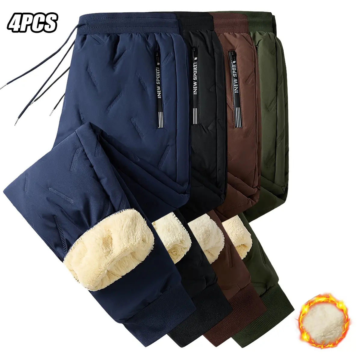4-pack men’s outdoor fleece-lined long pants for skiing, mountaineering, and running training; winter fleece-lined sports long pants; cold-resistant, windproof casual mountaineering fleece pants with faux fur lining, thicker fleece-lined trousers.