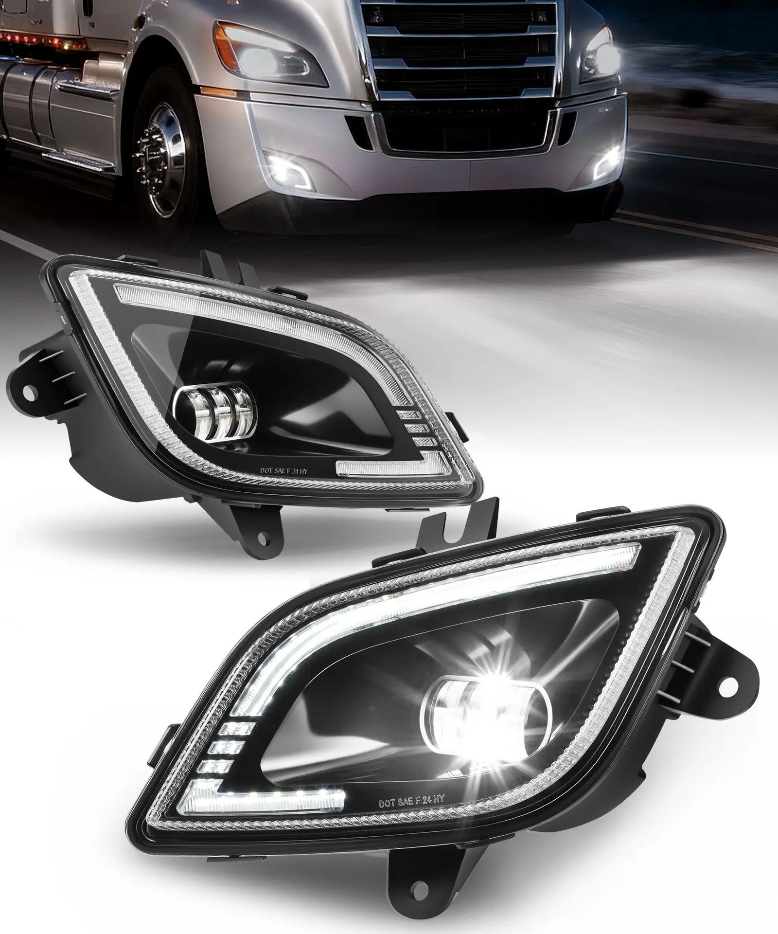 Partsam Pair Fog Lights Lamps for Freightliner Cascadia 2018-2024, DOT Approved DRL Clear Lens Black Housing Driver & Passenger Side IP65 Waterproof/w Plug/12V