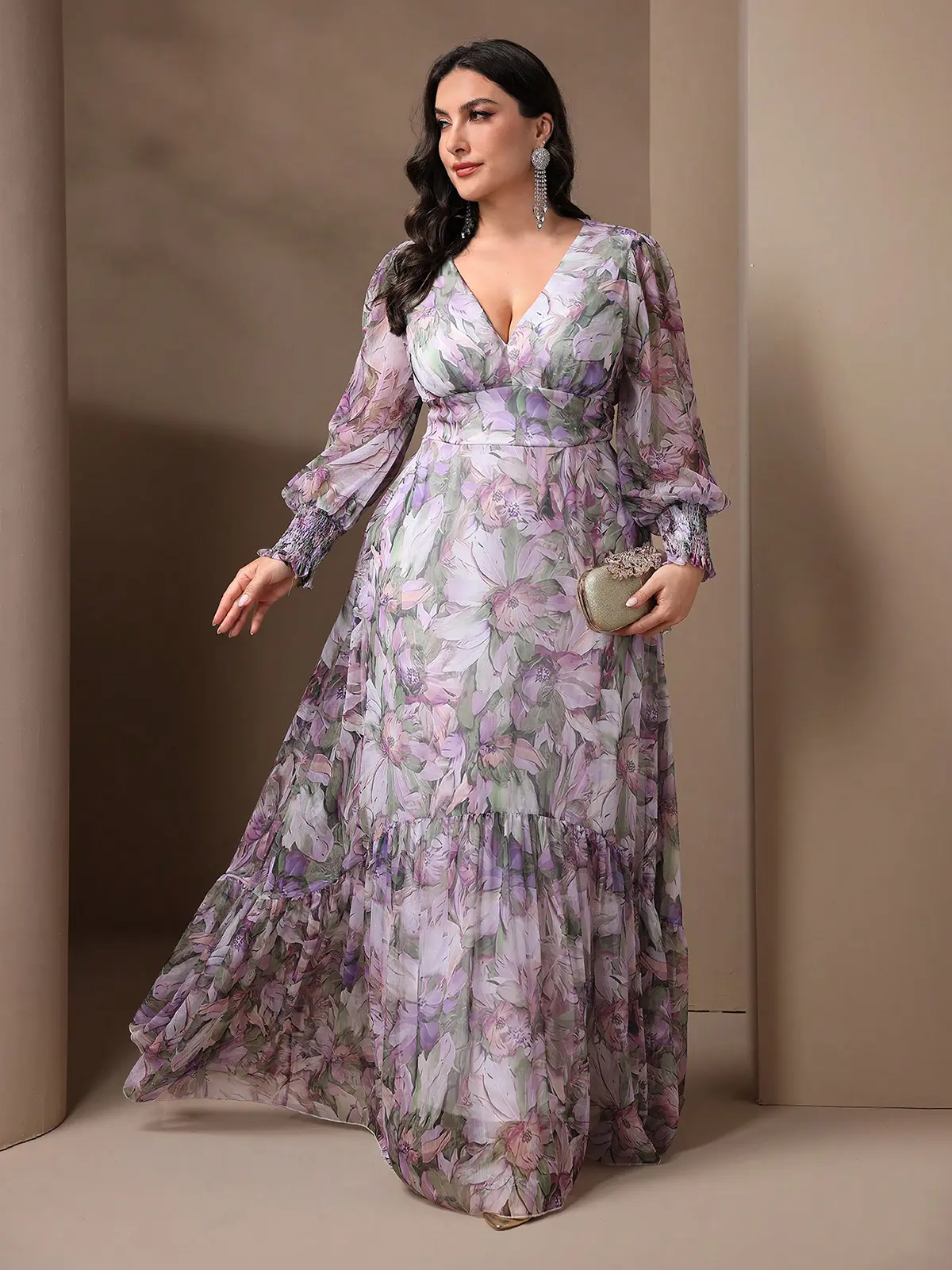 TOLEEN Women's Plus Size Dresses 2024 Spring Summer Casual Elegant V Neck Floral Print Lantern Sleeve Long Maxi Dress