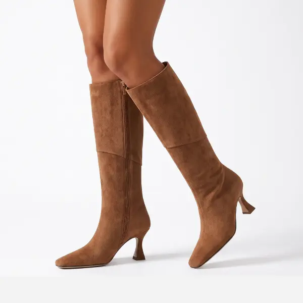 VIMISAOI Kitten Heels Boots for Women Kitten Heels Square Toe Tall Boot Side Zip Riding Western Long Boots For Women