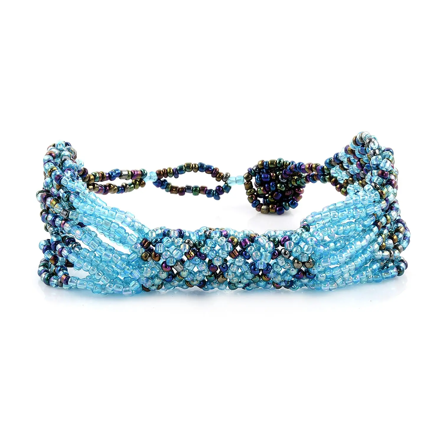 Blue Color Ceramic Seed Beads Patterned Bracelets Multi-Purpose Wrist Keychain