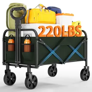 GAOMON Wagons Carts Foldable, Utility Collapsible Wagon with Drink Holders & Adjustable Handle, 220 LBS Portable Grocery Wagon for Shopping, Camping, Green