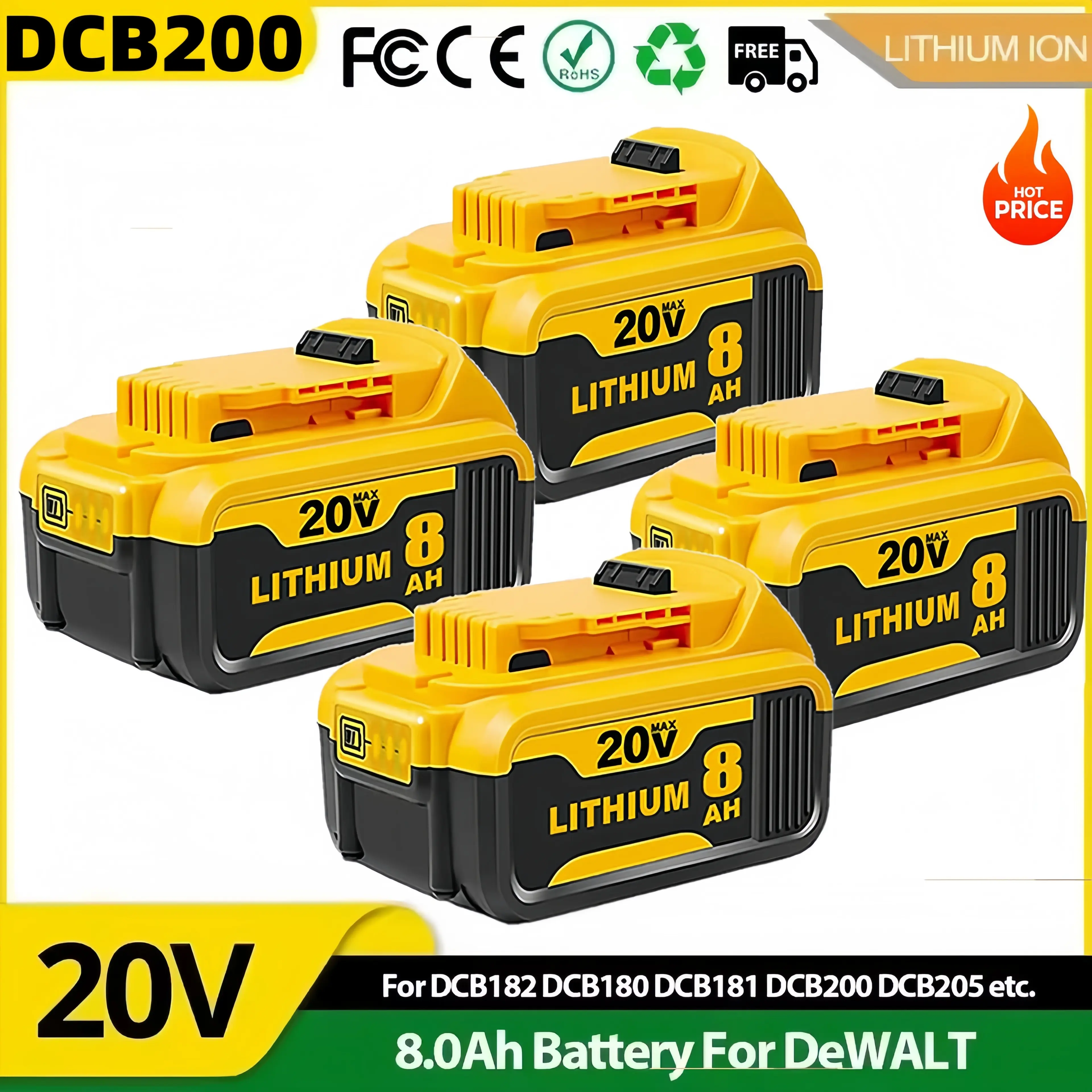 4Pack DCB200  8.0Ah Lithium Battery Replacement for Dewalt 20V Battery Max XR Cordless Tools DCB180 DCB206 DCB206-2 DCB200 DCB204 DCB204BT-2 DCB203  Wireless power tools lithium battery replacement