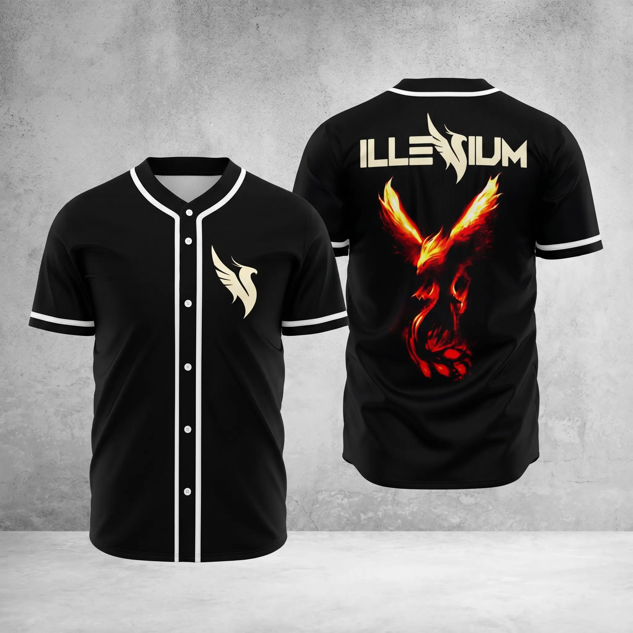 Illenium Fiery Phoenix Fire Bird Logo Baseball Jersey, Black EDM Rave Concert Merchandise Shirt, Melodic Dubstep Music Festival Button Up Sports Tops, Oversized Casual Streetwear, Birthday Xmas Gift For Electronic Music Fans Men Women