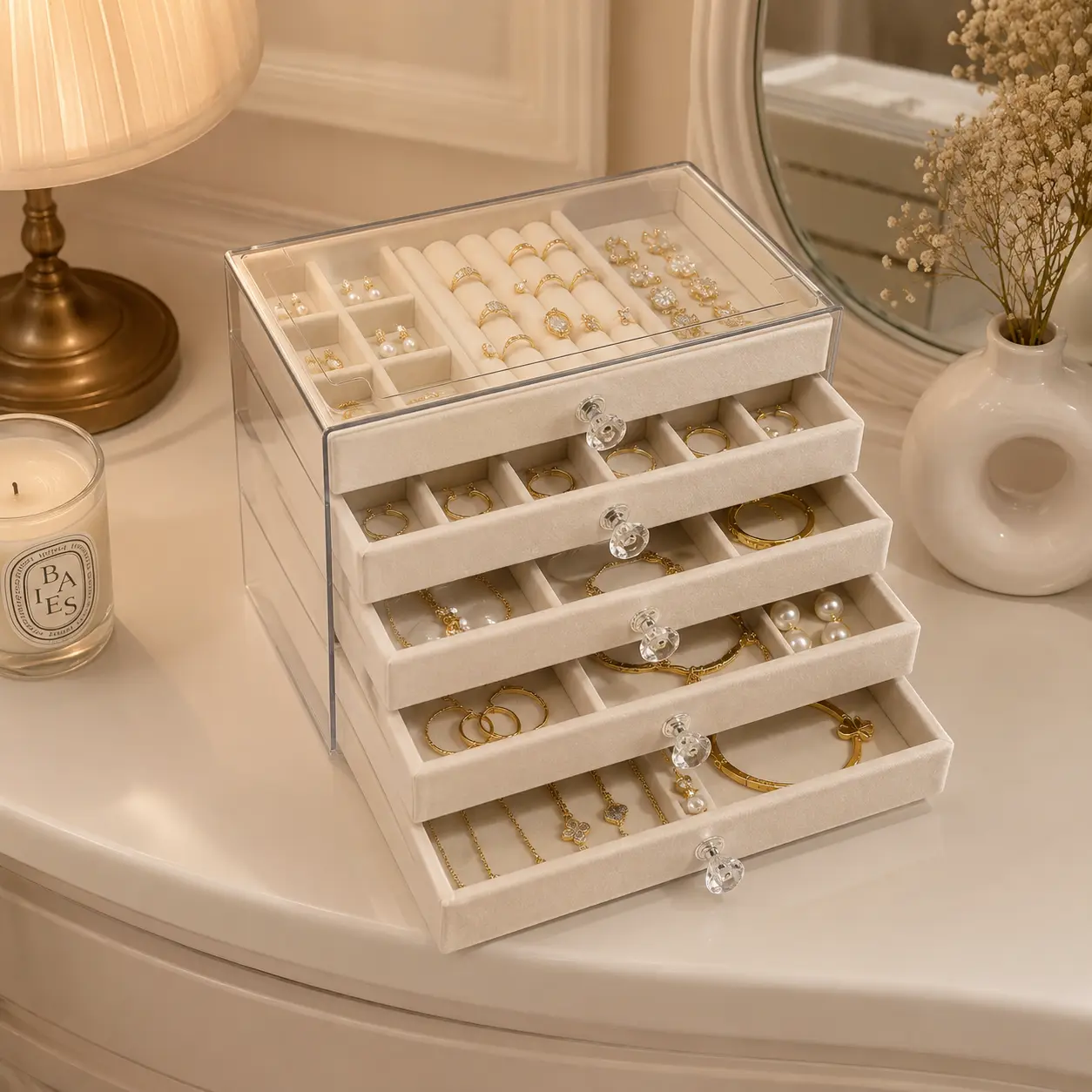 5-Layer Clear Acrylic Jewelry Organizer Box for Women, Stackable Jewelry Storage Case with 5 Velvet Drawers and Removable Dividers, Large Display Holder for Rings, Earrings, Necklaces & Bracelets, Birthday, Anniversary & Mother’s Day Gift