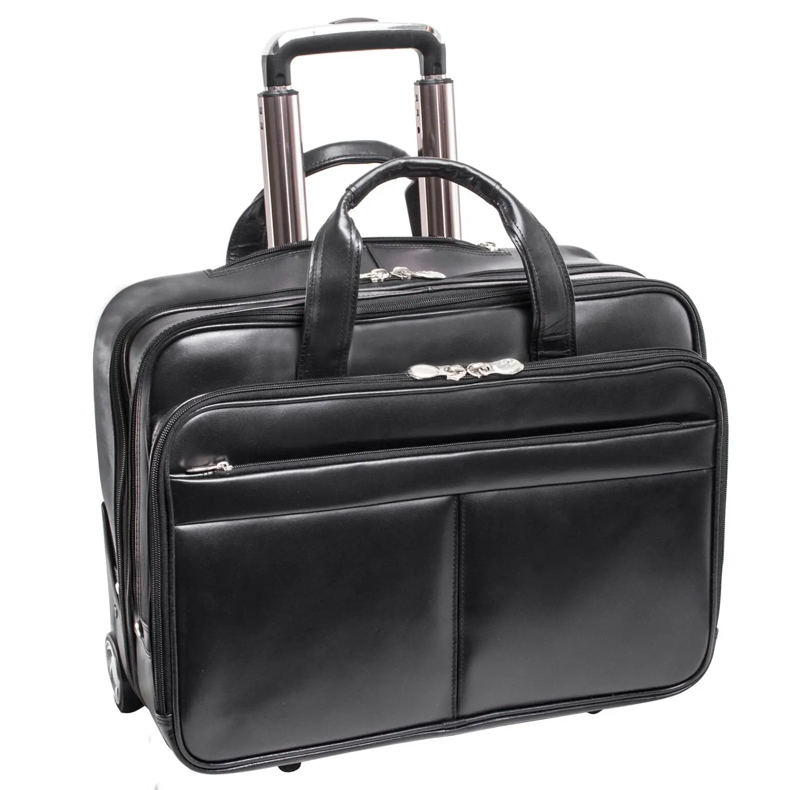 Wheeled Laptop Briefcase for Men, Bowery Style Black Leather Bag with Dual Protection System, Padded Tablet Pocket & Front Zipper Pockets, Abs Frame, Dual Laptop Protection System, Multi-Compartment, High-Density Abs, Business Use, Dual Laptop Safe