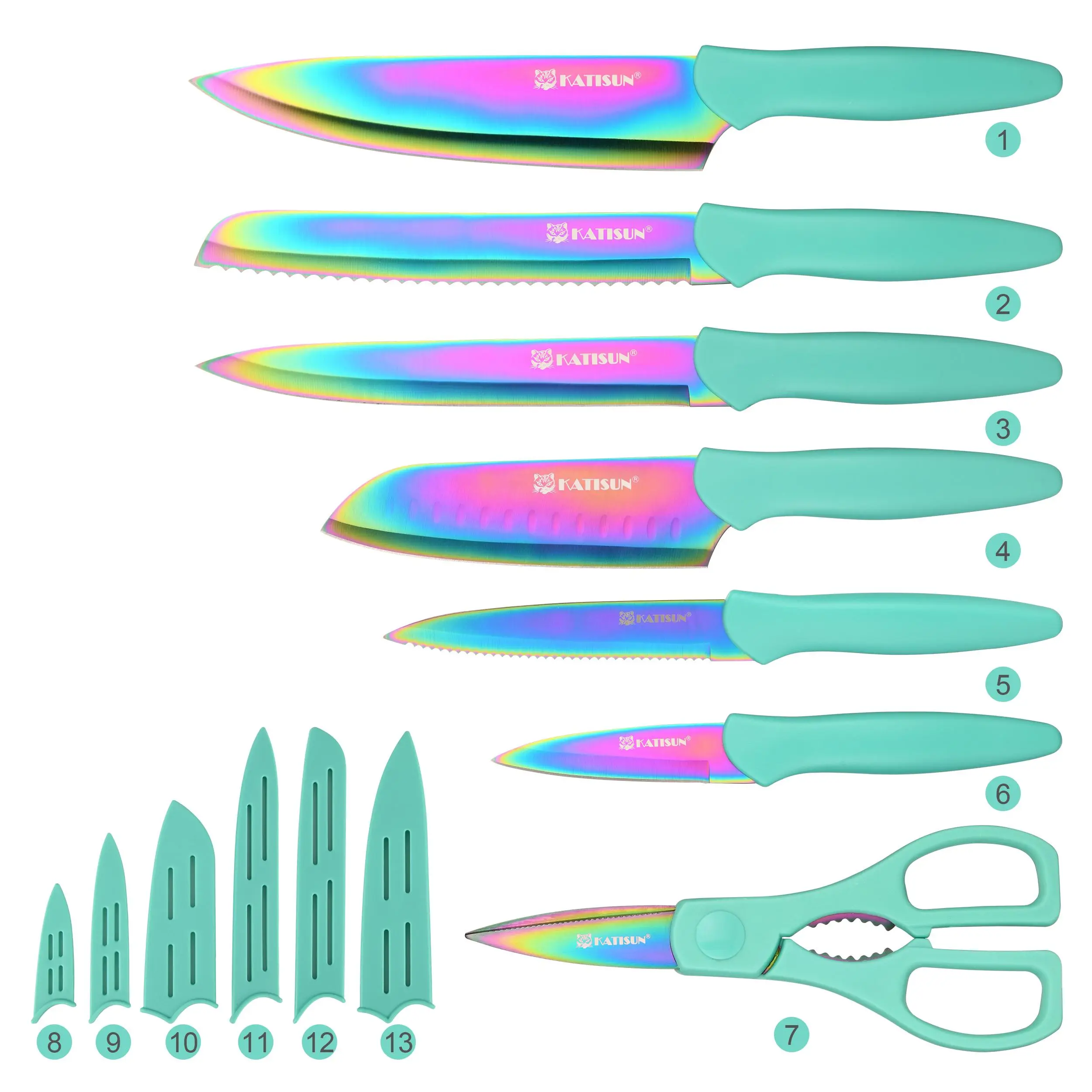 7-Piece Rainbow Titanium-Coated Stainless Steel Kitchen Knife & Shears Set - Home/Travel Use, Carbon Steel Blades, Ergonomic Design, Rust-Resistant, Dishwasher-Safe, 6 Knives with Sheaths, Gift-Ready for Thanksgiving, Christmas