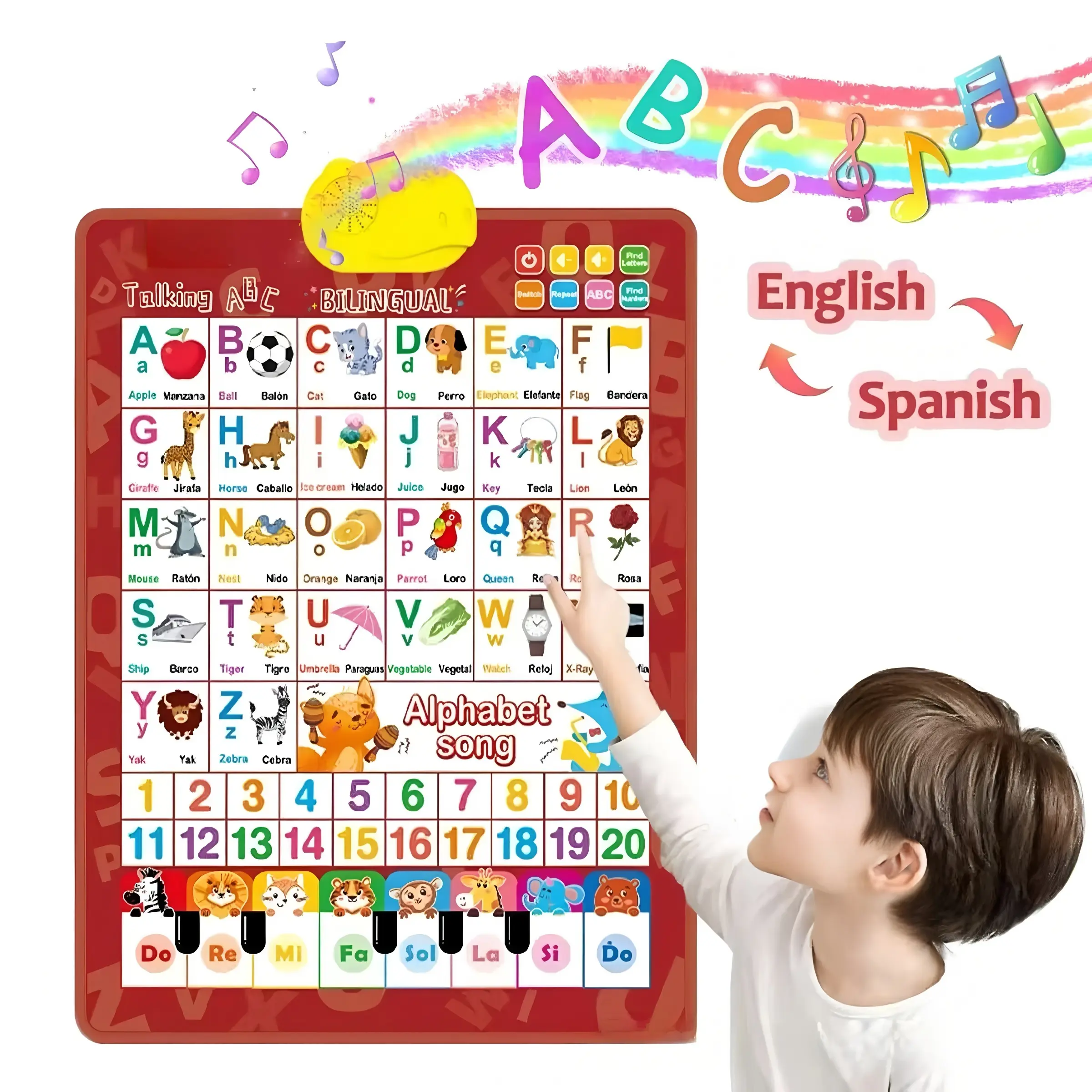 Kids' Bilingual English-Spanish Interactive Talking ABC & Number Chart Poster - Preschool Alphabet Tool, Language Acquisition Toy with Alphabet Song, Auditory Learning Activities, Interactive Elements, Basic Vocabulary, Colorful Chart