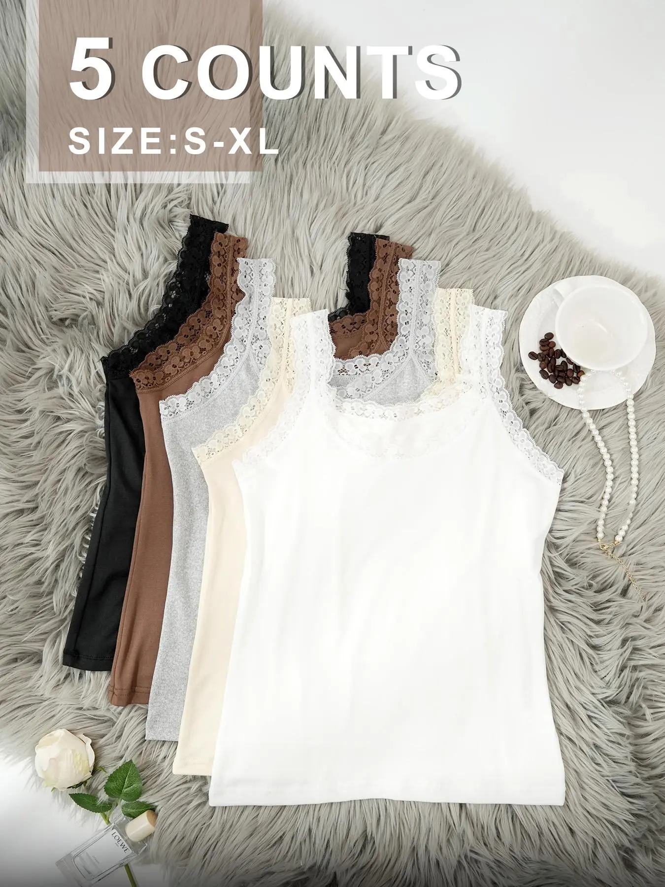 5-Pack Silky Smooth Lady Camisoles: Elegant Sleeveless Cami Elastic Tank Top Lace Trim Stretch Knit Fitted Womenswear Casual Tops for Lounge, Sleep & Nightwear | Sleeveless Round Neck Versatile Basics