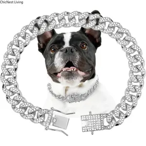 Dog Chain Collar Silver Dog Necklace Diamond Cuban Link Dog Collar 12mm Wide Metal Pet Cat Dog Chain Crystal Collar Jewelry Accessories for Large Medium Small Dogs Cats