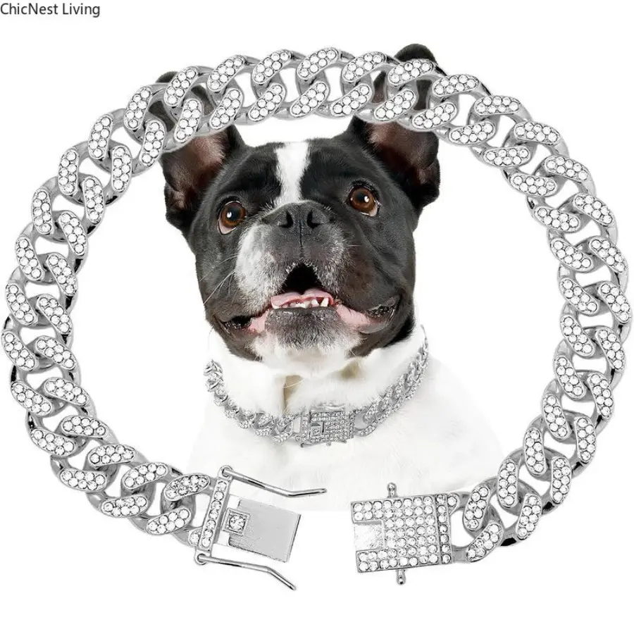 Dog Chain Collar Silver Dog Necklace Diamond Cuban Link Dog Collar 12mm Wide Metal Pet Cat Dog Chain Crystal Collar Jewelry Accessories for Large Medium Small Dogs Cats