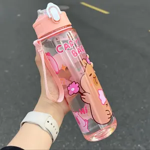 Capybara transparent cute leak-proof water cup with straw, Reusable Water Bottle, with handle, suitable for women's sports, camping, picnicking, hiking and travel, transparent pink, suitable for camping and hiking, Water Bottles