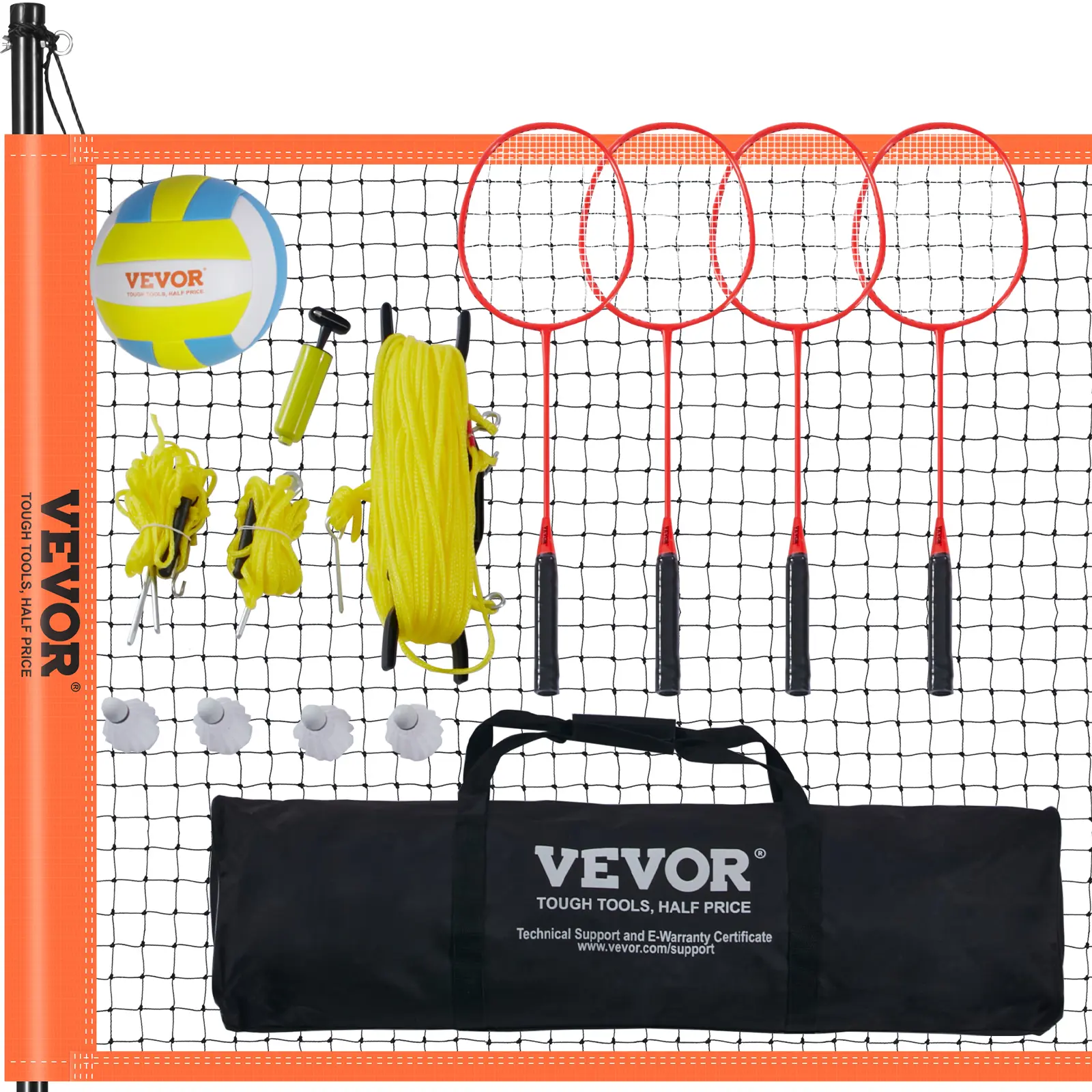 VEVOR 3x32ft Volleyball & Badminton Combo Set (Large Area), Outdoor Portable Net, Adjustable-Height Steel Poles, Badminton Rackets, Shuttlecock, PVC Volleyball, Pump, Carrying Bag, Easy Setup for Backyard, Beach, Bright Colors for Average Height Users, Vo